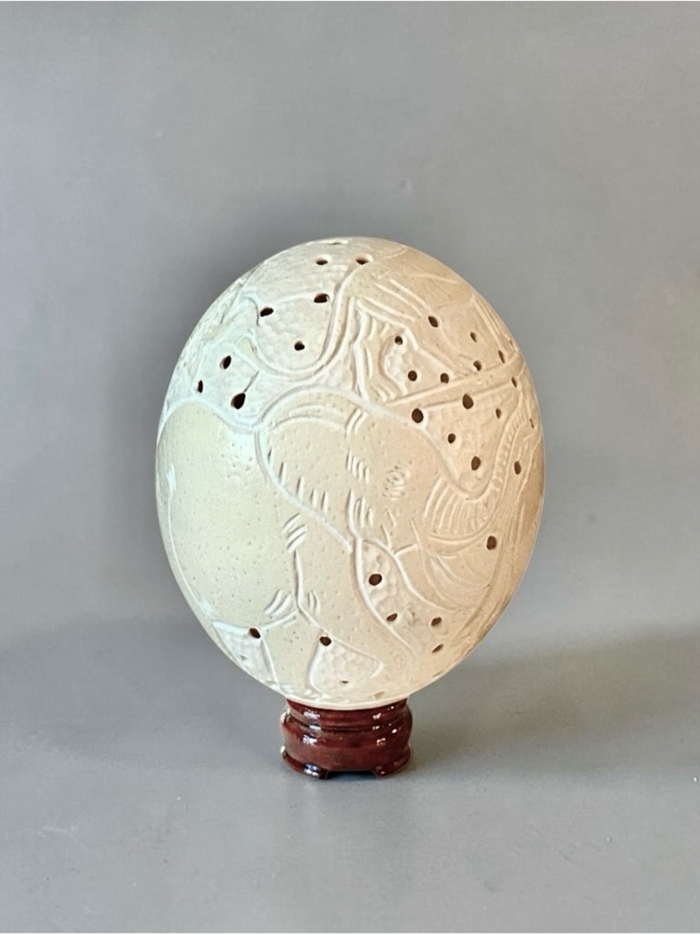Vintage Ostrich Egg Hand-Carved South African Art, The Big Five Safari Animals